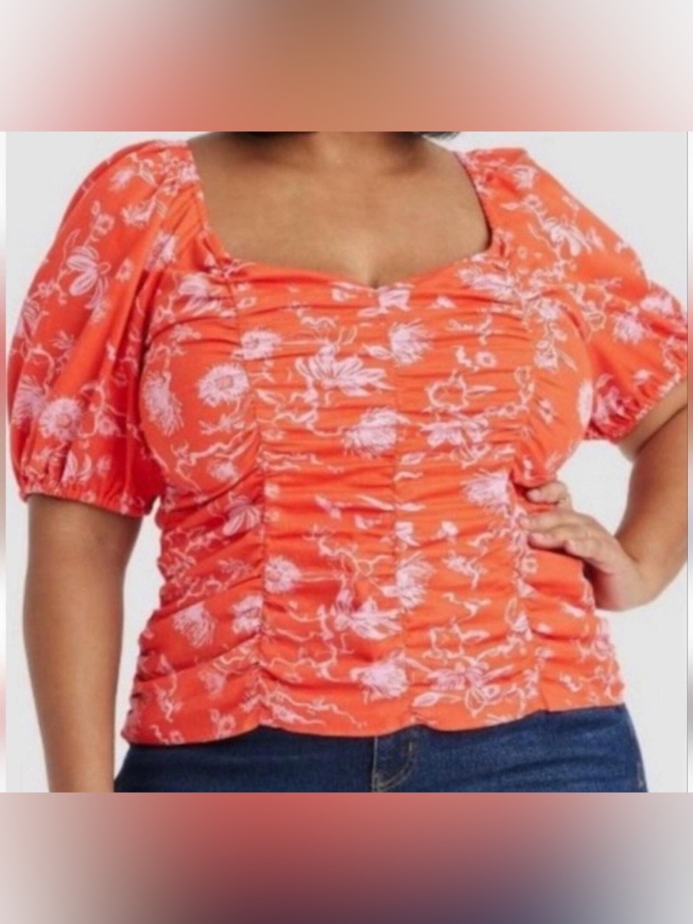 Ava & Viv Orange Floral Puff Sleeve Ruched Sweetheart Top Size 1X NWT